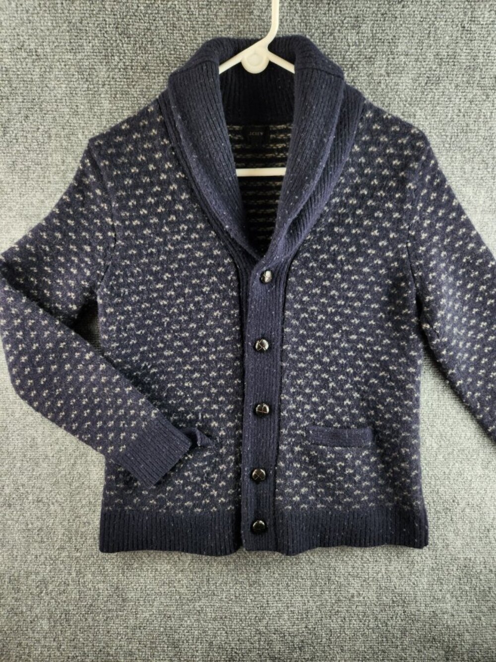 J Crew Large Blue Spotted Lambs Wool Cardigan Long Sleeve Button Sweater Womens